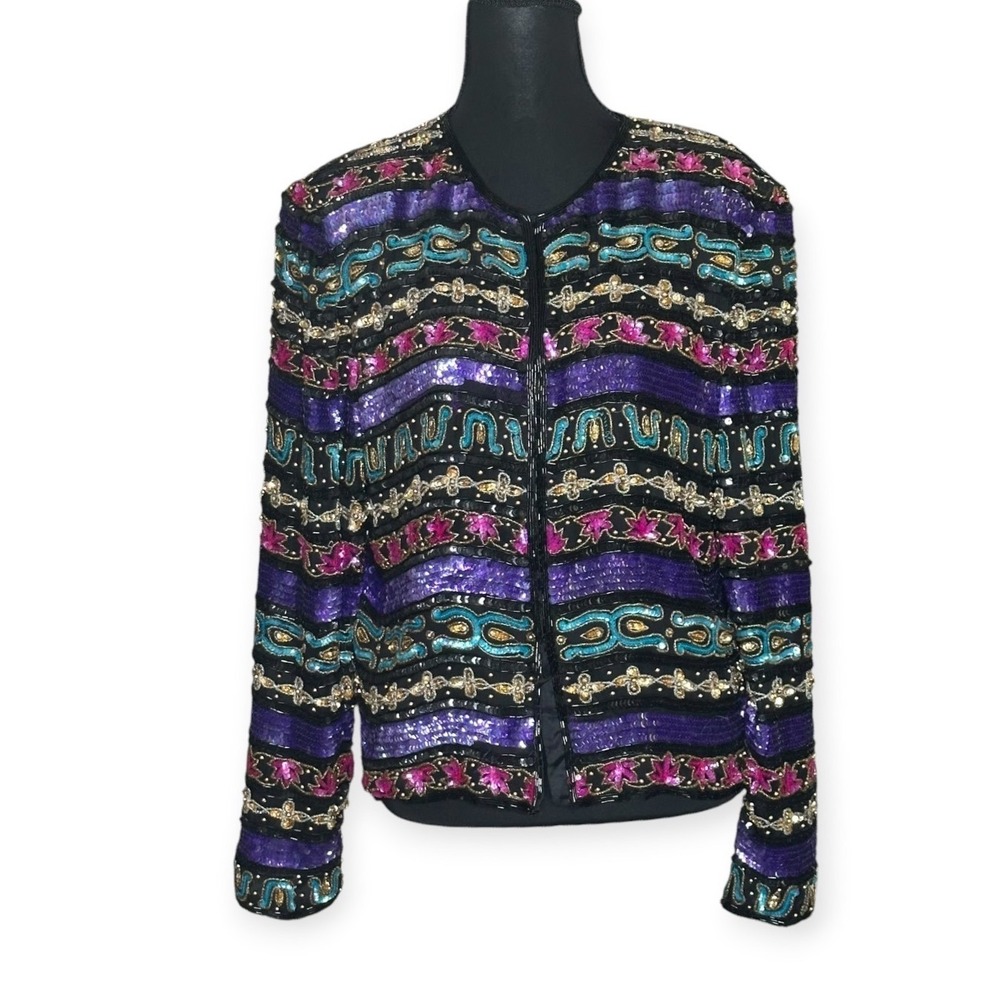 Nina Piccalino Vintage Silk Sequin Beaded Jacket Black Purple Gold 80s 90s